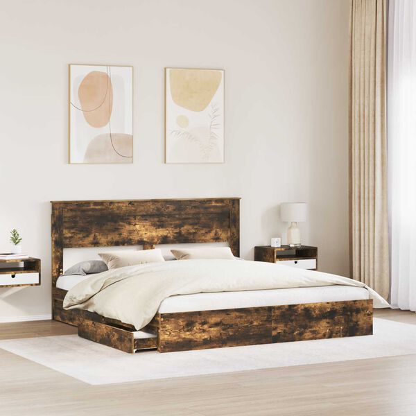 vidaXL Storage Bed with Drawer Smoked Oak 180 x 200 cm Engineered Wood