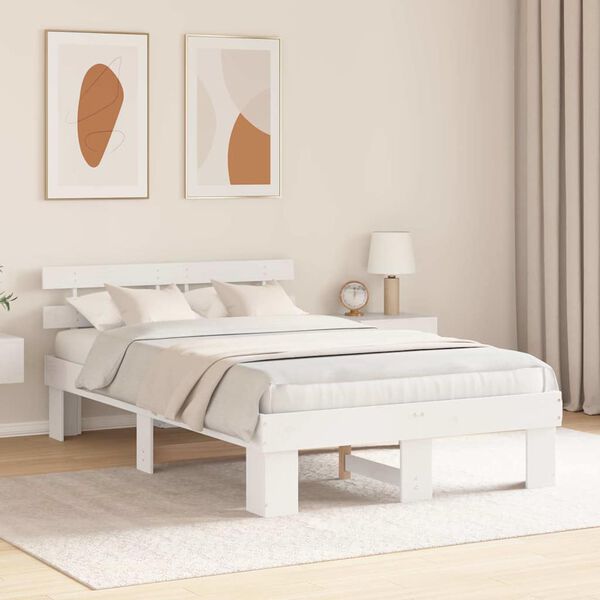 vidaXL Bed Frame with Headboard White 135 x 190 cm Solid Pine Wood