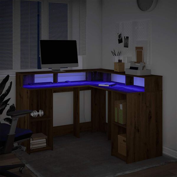 vidaXL Desk with LED Lights Artisian Oak 130x130x91 cm Engineered Wood
