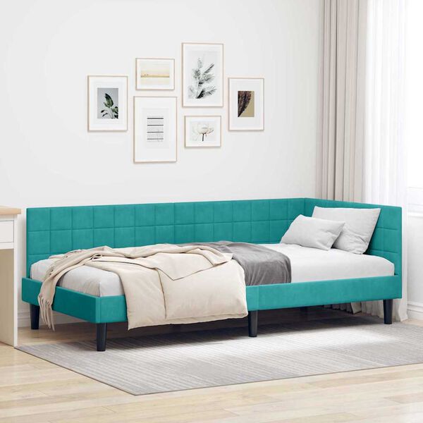 vidaXL Corner Bed Frame with Headboard Turquoise 90 cm x 200 cm Velvet