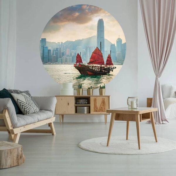 WallArt Wallpaper Circle Skyline with Junk Boat 190 cm
