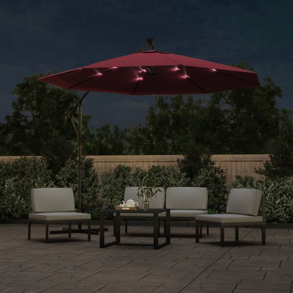 vidaXL Cantilever Garden Parasol with LED Lights and Steel Pole Wine Red
