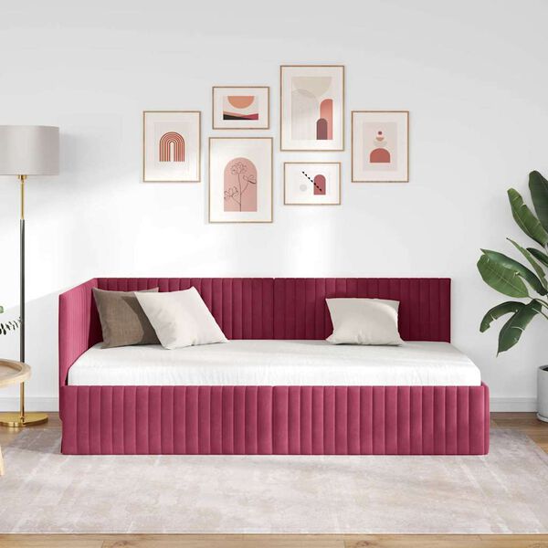 vidaXL Corner Bed Frame with Headboard Wine Red 90 cm x 190 cm Velvet