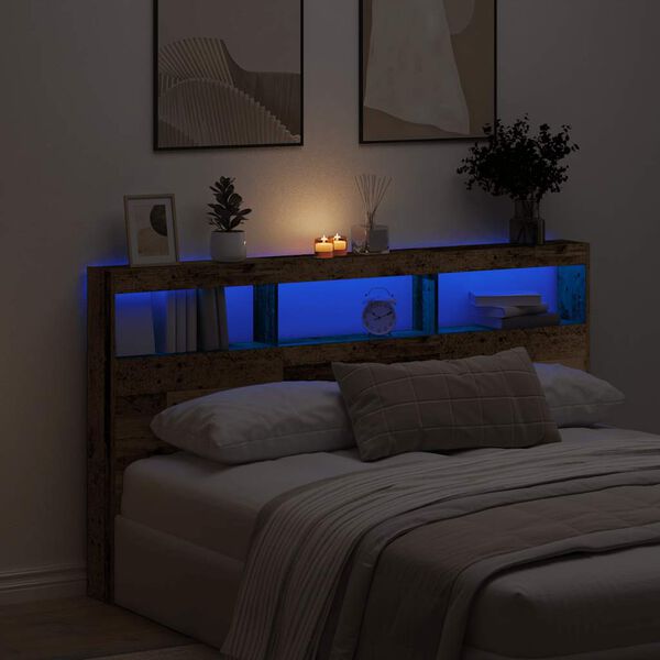 vidaXL Headboard Cabinet with LED Old Wood 180x17x102 cm