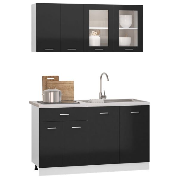 vidaXL 4 Piece Kitchen Cabinet Set with Worktop High Gloss Black