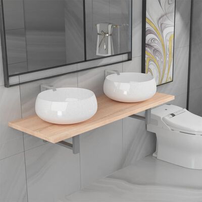 vidaXL Three Piece Bathroom Furniture Set Ceramic Oak