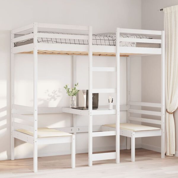 vidaXL Loft Bed Frame with Desk and Chairs White 90x200cm Solid Wood Pine