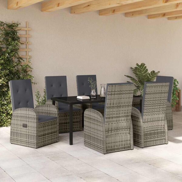 vidaXL Garden Dining Set with Cushion 7 pcs Grey Poly Rattan