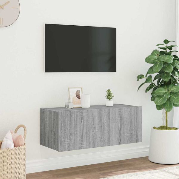 vidaXL TV Wall Cabinet with LED Lights Grey Sonoma 80x35x31 cm