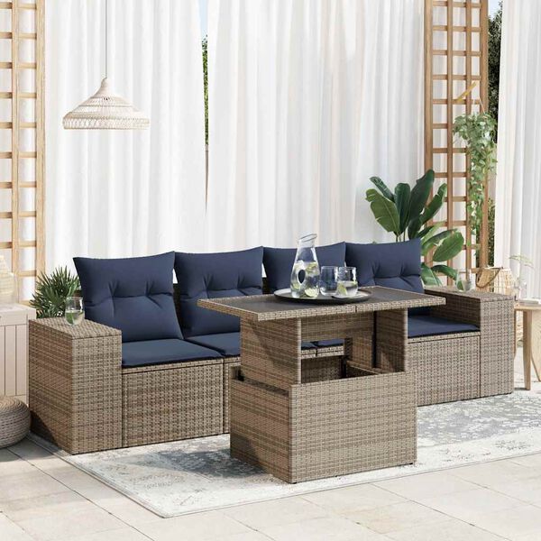 vidaXL 5 Piece Garden Sofa Set with Cushions Grey Poly Rattan Acacia