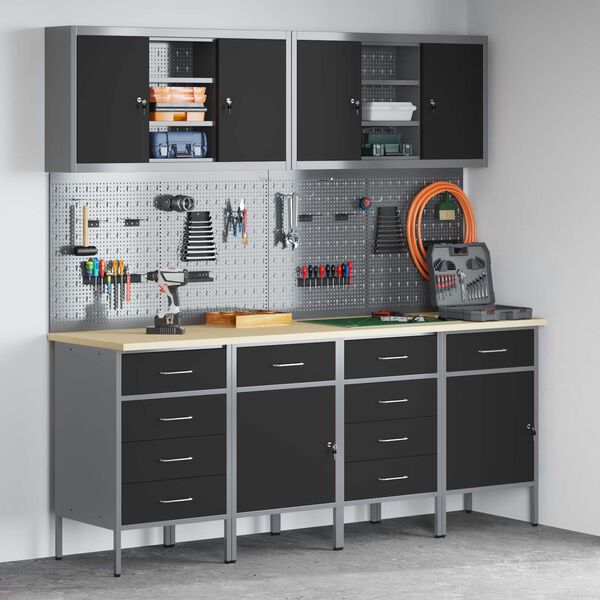 vidaXL Work Cabinet with Drawer 10 pcs Black Engineered Wood and Steel