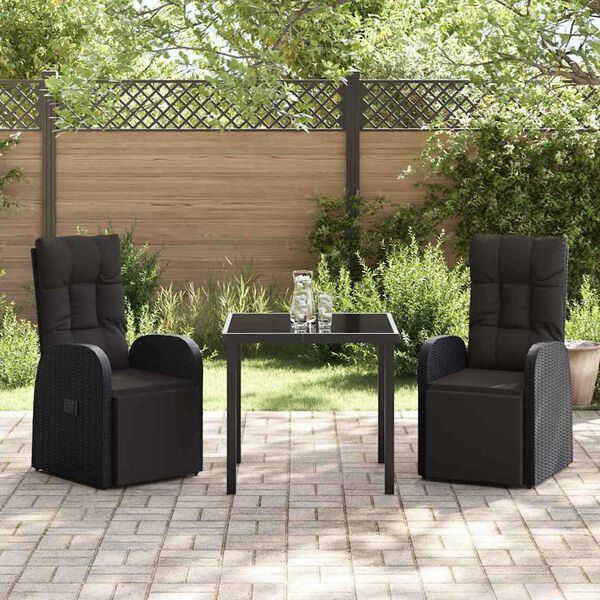 vidaXL Garden Dining Set with Cushion 3 pcs Black Poly rattan