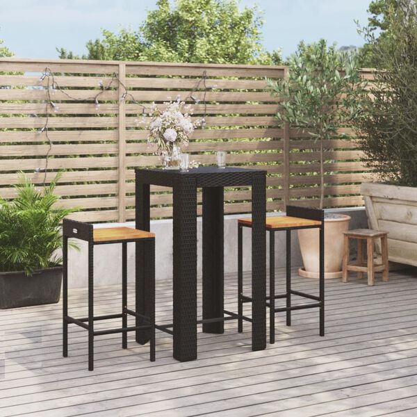 vidaXL 3 Piece Garden Bar Set Black Poly Rattan&Solid Wood Acacia