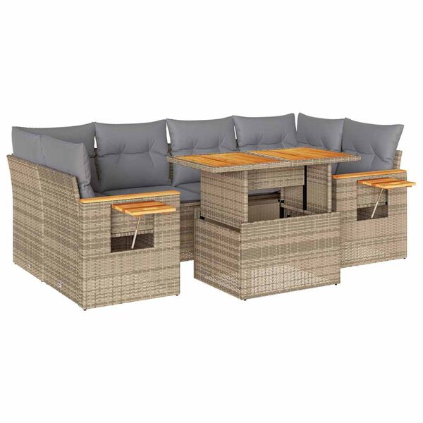 vidaXL 7 Piece Garden Sofa Set with Cushions Beige Poly Rattan Acacia