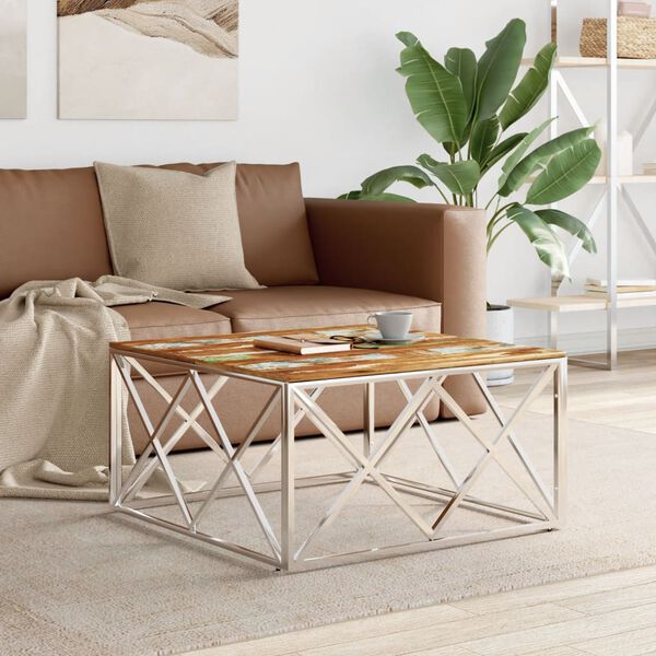 vidaXL Coffee Table Silver Stainless Steel and Solid Wood Reclaimed