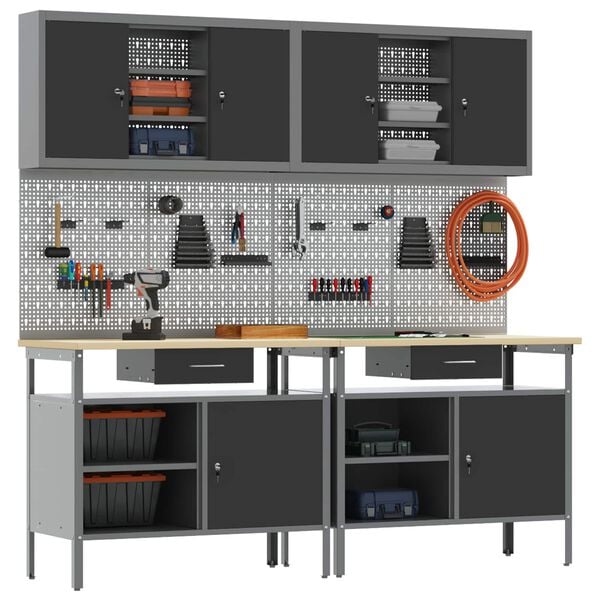 vidaXL Work Bench Set with Drawer 8 pcs Black 200 x 55 x 200 cm Steel