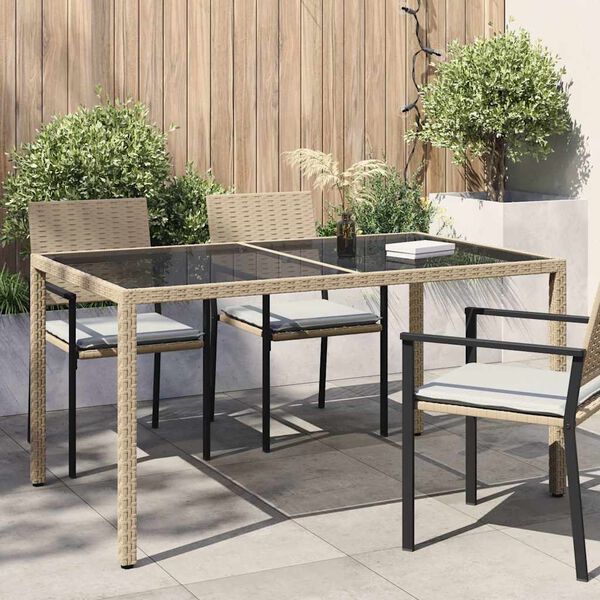 vidaXL Garden Table 150x90x75 cm Tempered Glass and Poly Rattan Beige
