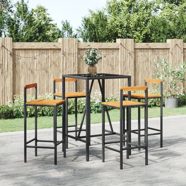 vidaXL 5 Piece Garden Bar Set Black Poly Rattan& Solid Wood Acacia