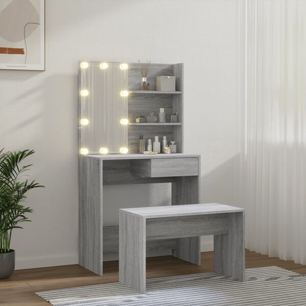 vidaXL Dressing Table Set with LED Grey Sonoma Engineered Wood