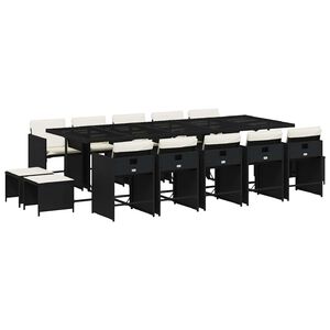 vidaXL 15 Piece Garden Dining Set with Cushions Black Poly Rattan