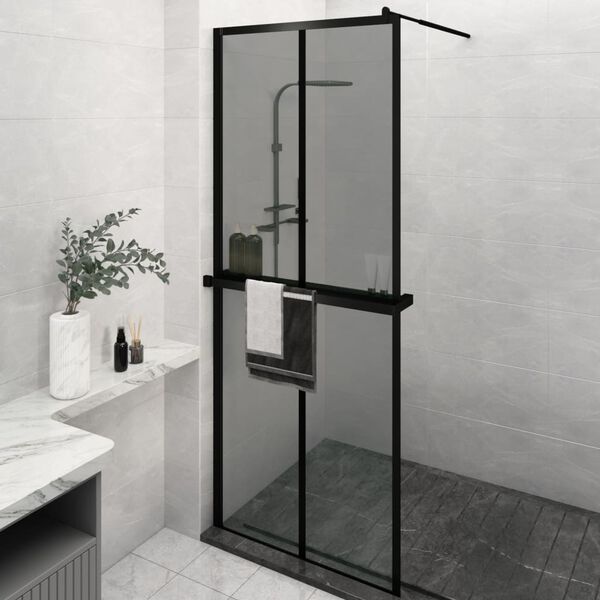 vidaXL Walk-in Shower Wall with Shelf Black 80x195cm ESG Glass&Aluminium