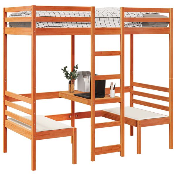vidaXL Loft Bed Frame with Desk and Chairs Wax Brown 90x190cm Solid Wood Pine