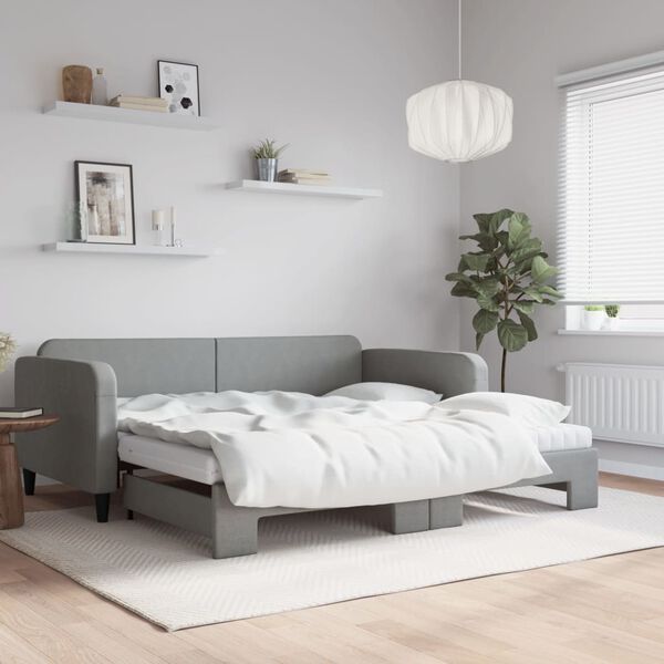 vidaXL Daybed with Trundle and Mattresses Light Grey 90x190 cm Fabric