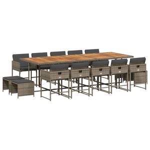 vidaXL 15 Piece Garden Dining Set with Cushions Grey Poly Rattan