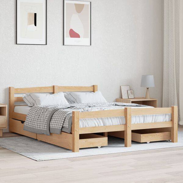 vidaXL Bed Frame without Mattress with 4 Drawers Solid Wood 140x200 cm