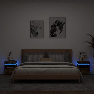vidaXL Bedside Cabinets with LED Lights 2 pcs Smoked Oak 40x39x48.5 cm