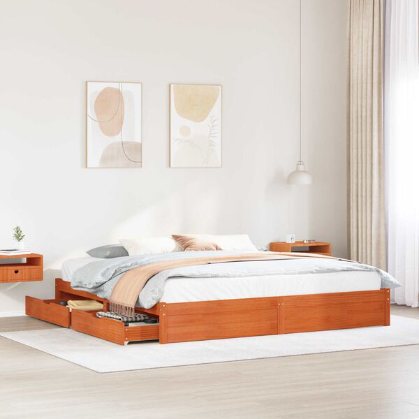 vidaXL Bed Frame with Drawer Wax Brown 200 x 200 cm Solid Pine Wood