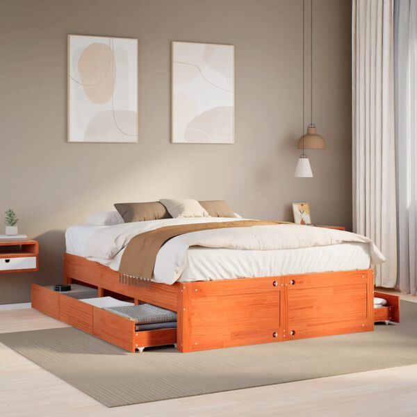 vidaXL Bed Frame without Mattress with Drawers Wax Brown 150x200 cm King Size Solid Wood Pine