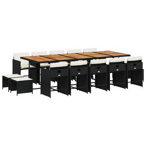 vidaXL 15 Piece Garden Dining Set with Cushions Black Poly Rattan