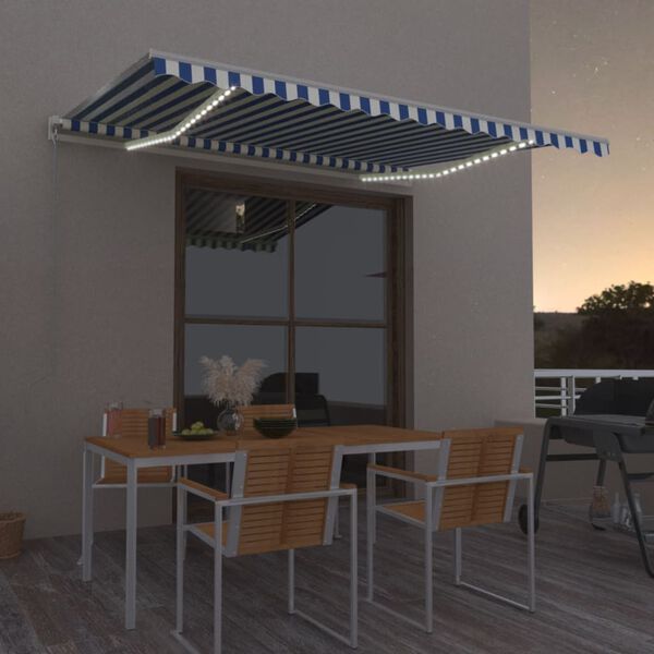 vidaXL Manual Retractable Awning with LED 400x350 cm Blue and White