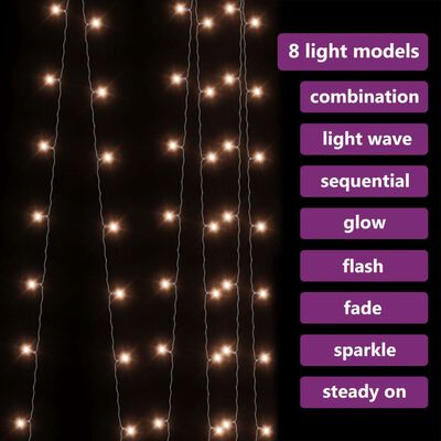 vidaXL LED Curtain Fairy Lights 3x3m 300 LED Warm White 8 Function