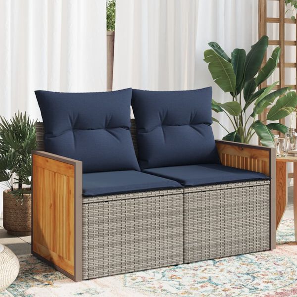 vidaXL Garden Sofa with Cushions 2-Seater Grey Poly Rattan