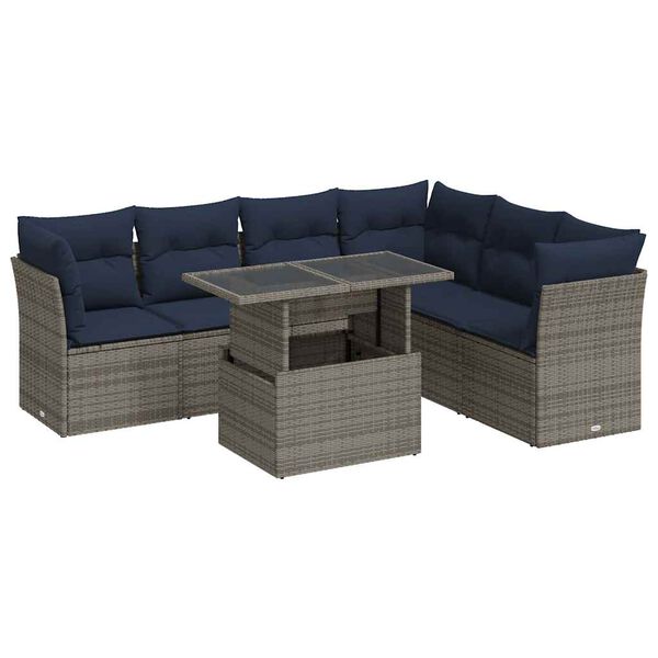 vidaXL 7 Piece Garden Sofa Set with Cushions Black Poly Rattan Acacia