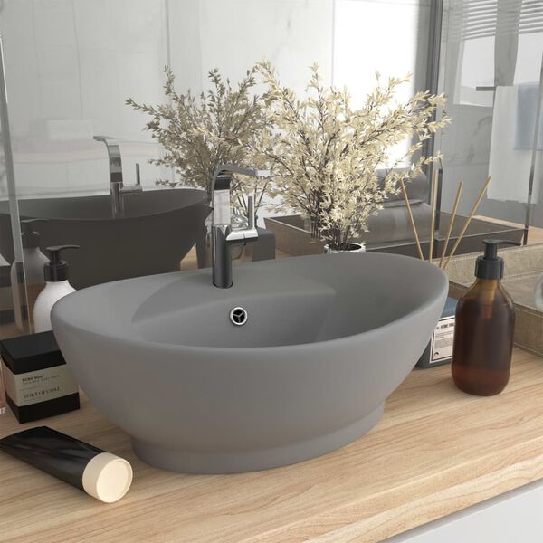 vidaXL Luxury Basin Overflow Oval Matt Light Grey 58.5x39 cm Ceramic