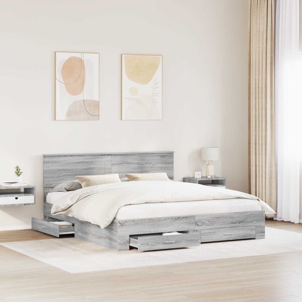 vidaXL Bed Frame with Drawer Grey Sonoma 200 x 200 cm Engineered Wood