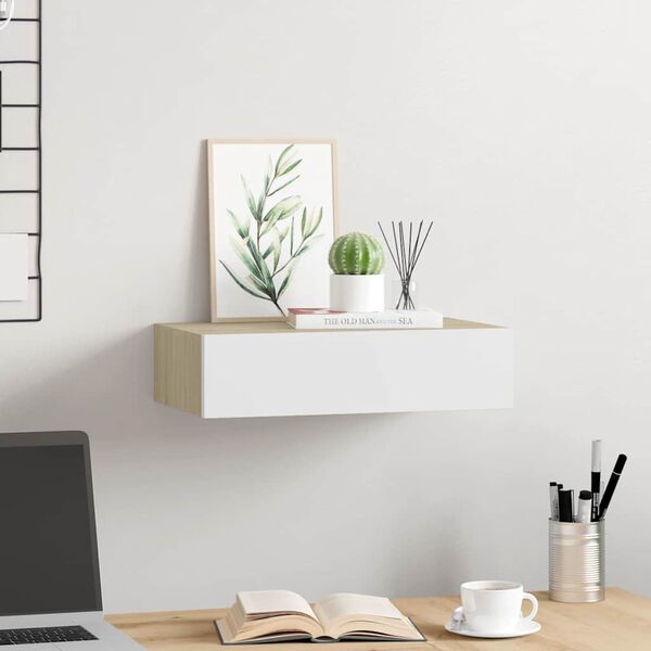 vidaXL Wall-mounted Drawer Shelf Oak and White 40x23.5x10cm MDF