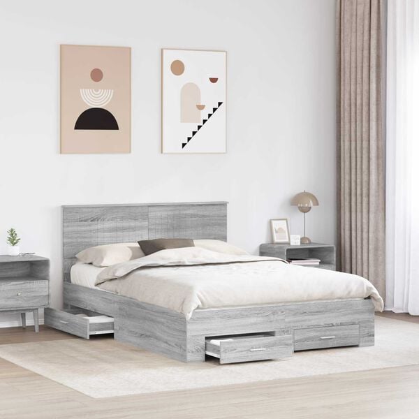 vidaXL Bed Frame with Drawer Grey Sonoma 140 x 190 cm Engineered Wood