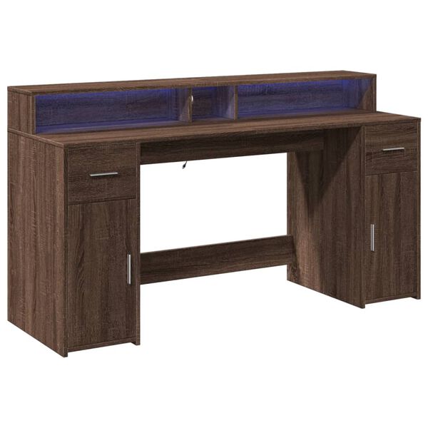 vidaXL Desk with LED Lights Brown Oak 160x55x91 cm Engineered Wood