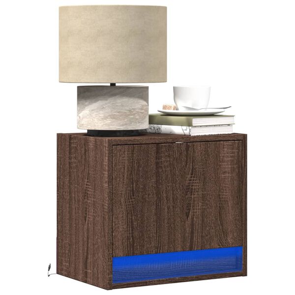 vidaXL Wall-mounted Bedside Cabinet with LED Lights Brown Oak