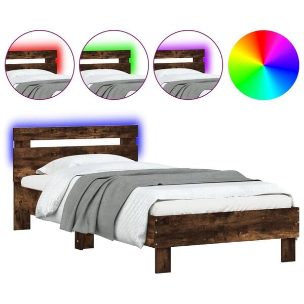 vidaXL Bed Frame without Mattress with LED Lights Smoked Oak 75x190 cm Small Single