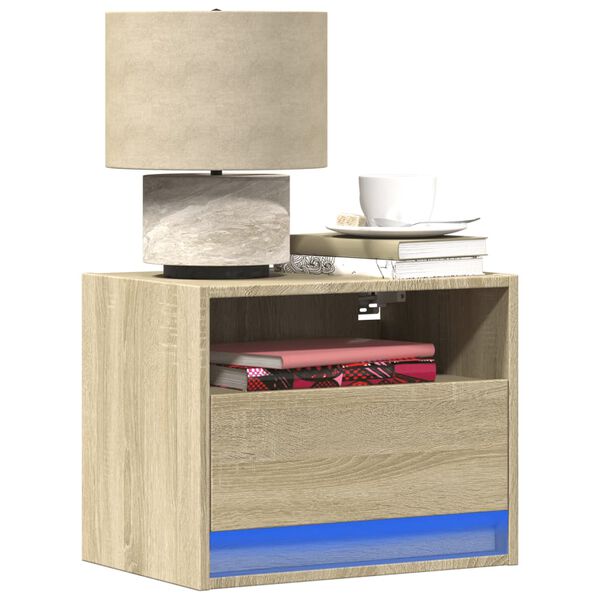 vidaXL Wall-mounted Bedside Cabinet with LED Lights Sonoma Oak
