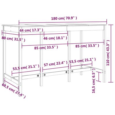 vidaXL Bar Table 180x80x110 cm Solid Wood Pine