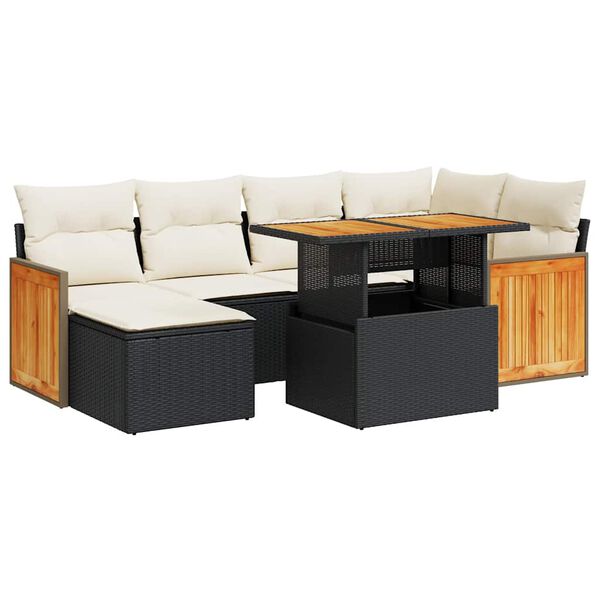 vidaXL 7 Piece Garden Sofa Set with Cushions Black Poly Rattan Acacia