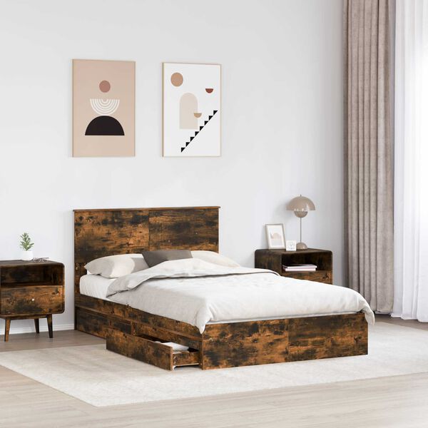 vidaXL Storage Bed with Drawer Smoked Oak 135 x 190 cm Engineered Wood