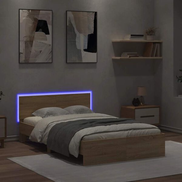 vidaXL Bed Frame with Headboard and LED Sonoma Oak 140x200 cm