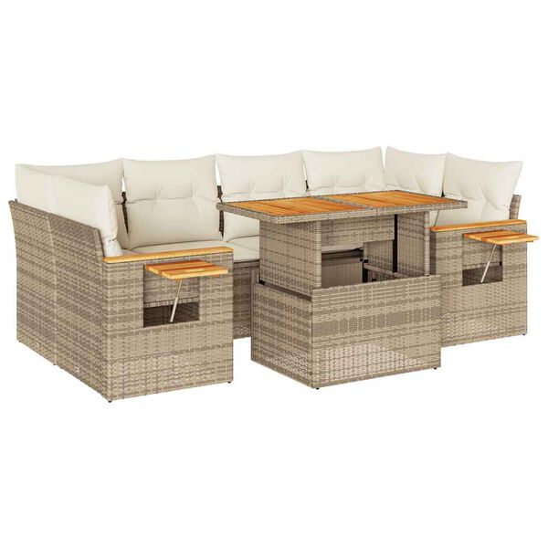 vidaXL 7 Piece Garden Sofa Set with Cushions Beige Poly Rattan Acacia